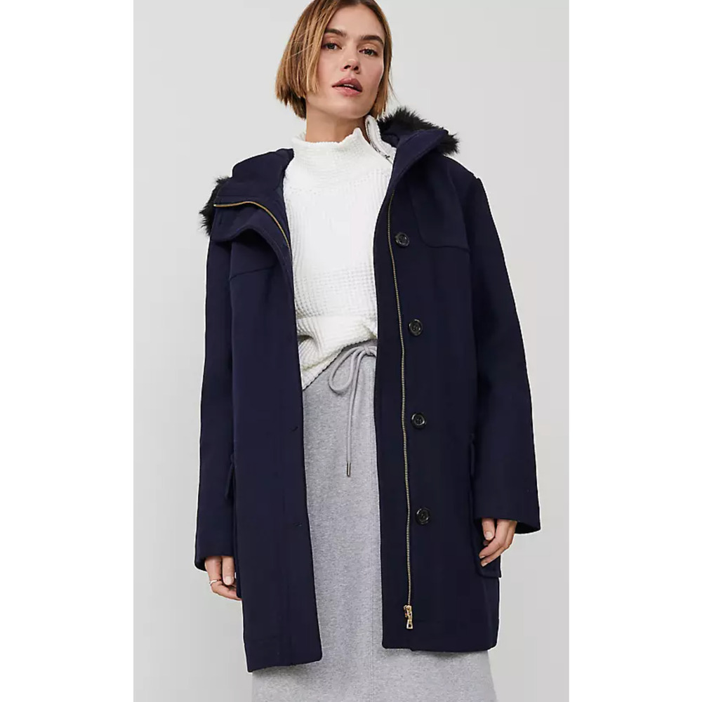 NEW ANN TAYLOR WEEKEND COLLECTION NIGHT SKY FAUX FUR TRIM DUFFLE COAT SZ XS